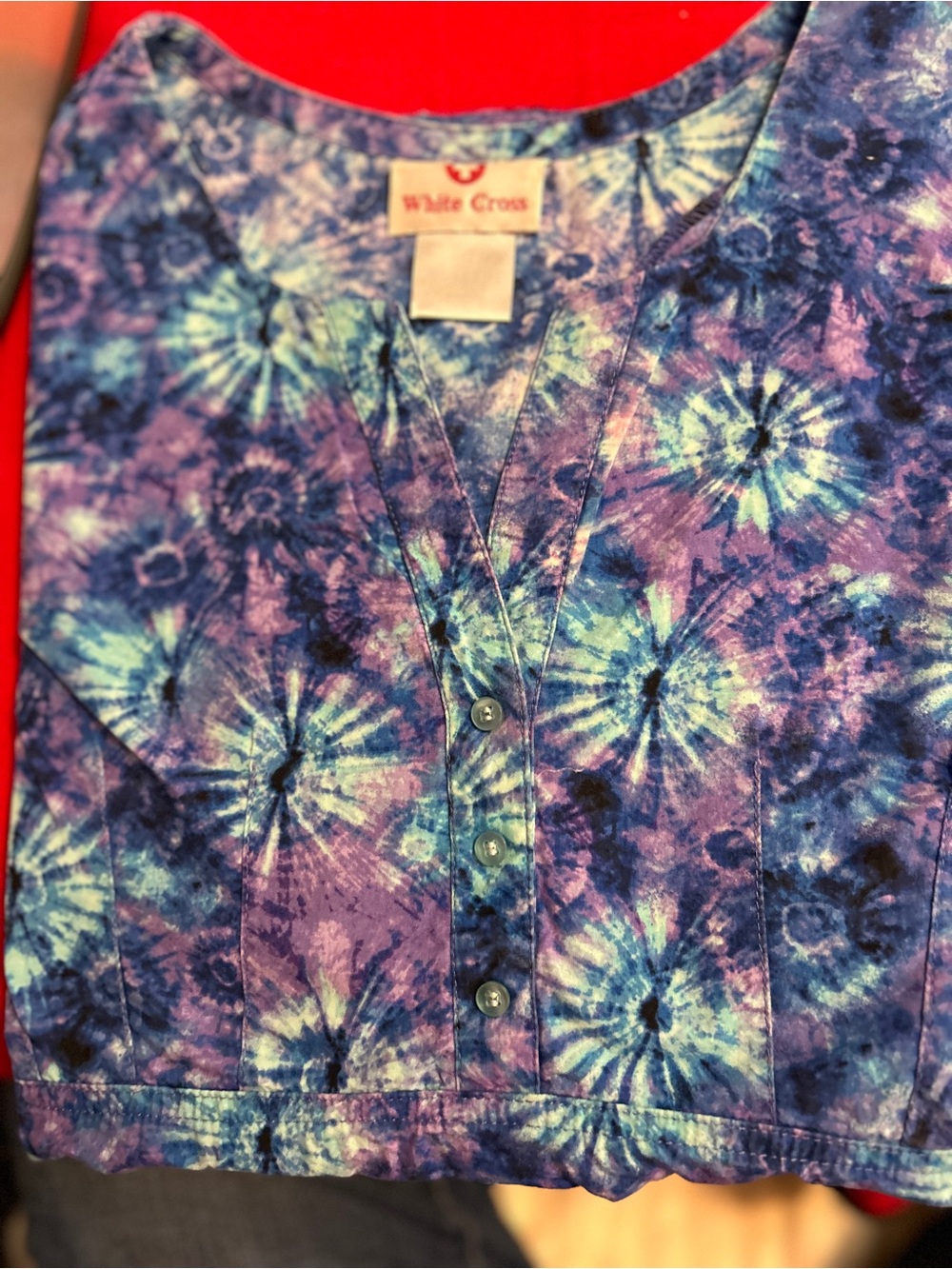 White Cross Tie-Dye V-Neck Scrub Top - Blue & Purple